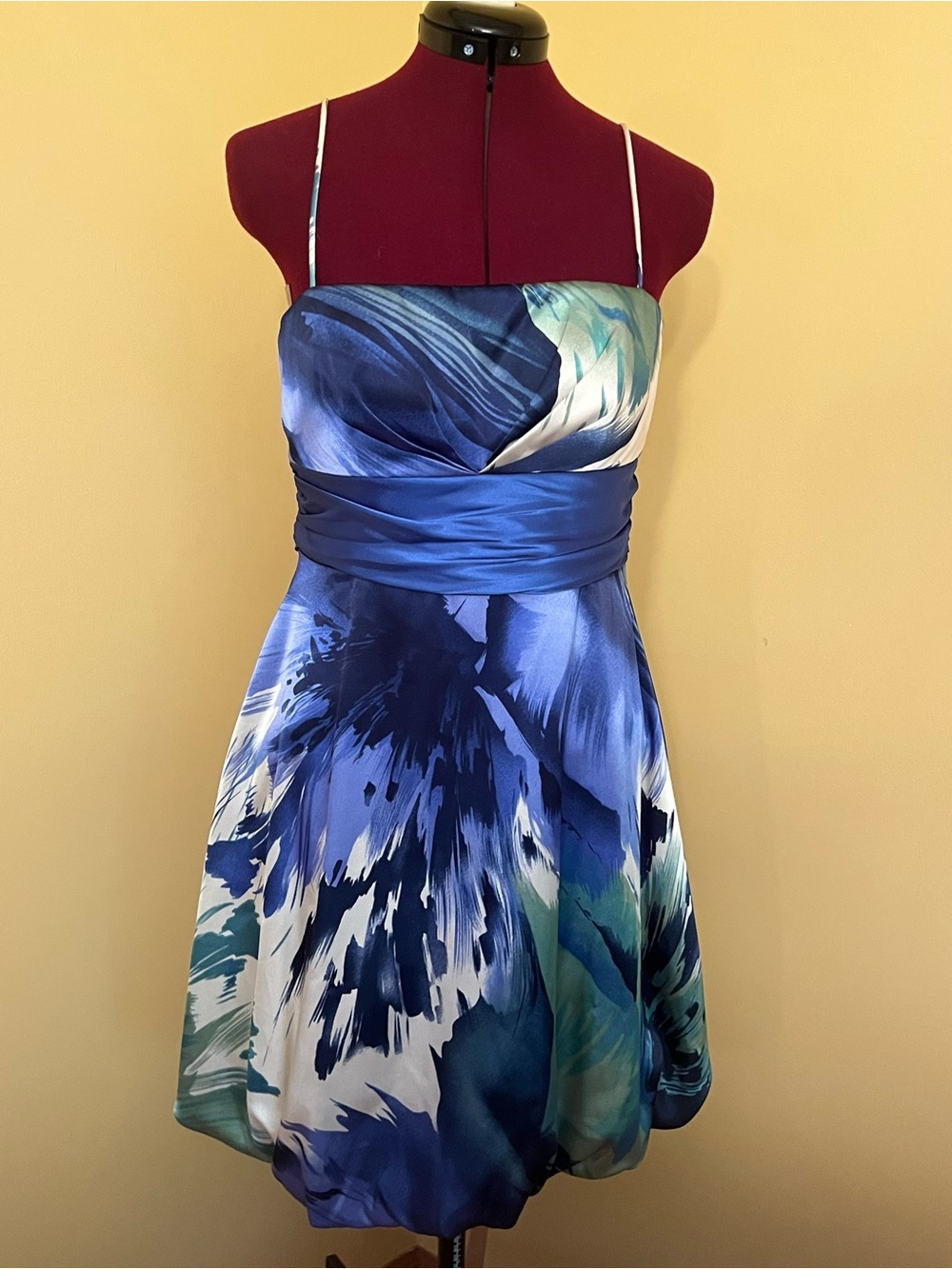 Blue Green Floral Bubble Hem Midi Dress Wedding Guest Party Dress Size 8